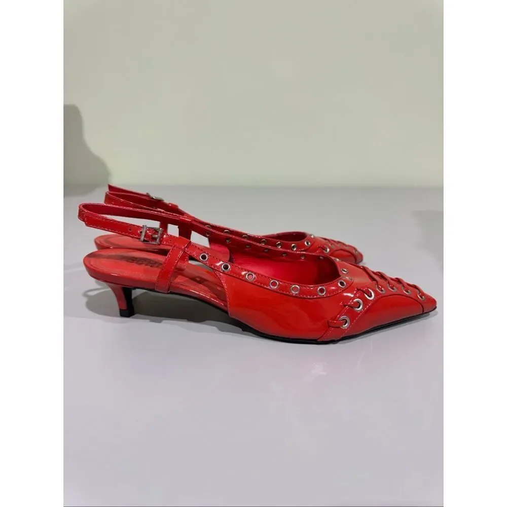 Schutz Chic Ruth 1.6” Mid Patent Leather Kitten Heel Pump Flame Scar Red 6.5
